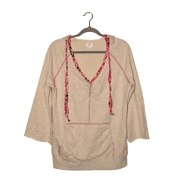 FREE‎ PEOPLE $128 Light Heather Gray Ruched V-Neck Hooded Pullover Large - Picture 1 of 4